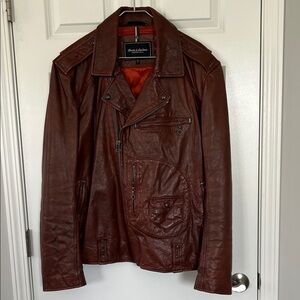 Andrew Marc Denim & Leathers Brown Leather Moto Inspired Bomber Jacket - Size XL